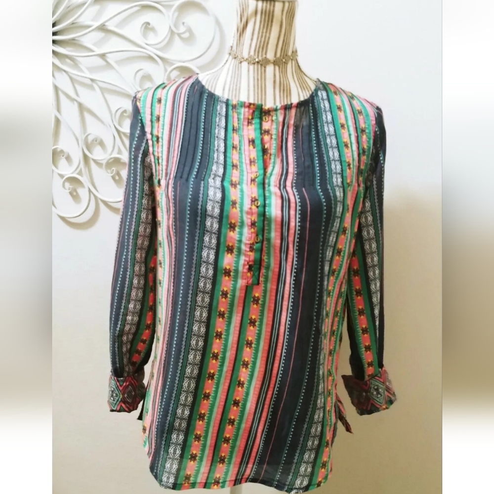 Vanilla Star Woman's Boho long sleeve Pleated Striped Tunic Cotton Top Blouse